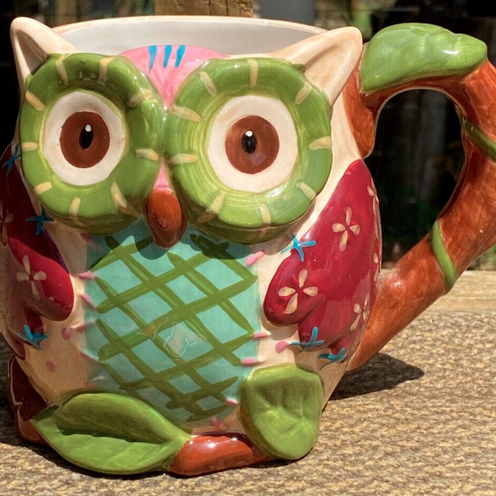 Pier One Imports Olli the Owl Bright Coffee Mug Hand Painted Dolomite Oversized - Picture 2 of 12